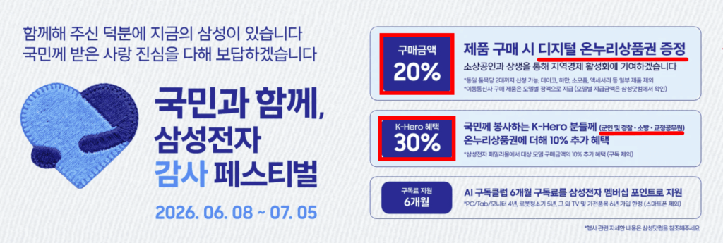 삼성전자 디지털 온누리상품권 지급 환급 증정 군인 경찰 소방 교정 공무원 추가할인 K히어로 감사 페스티벌 